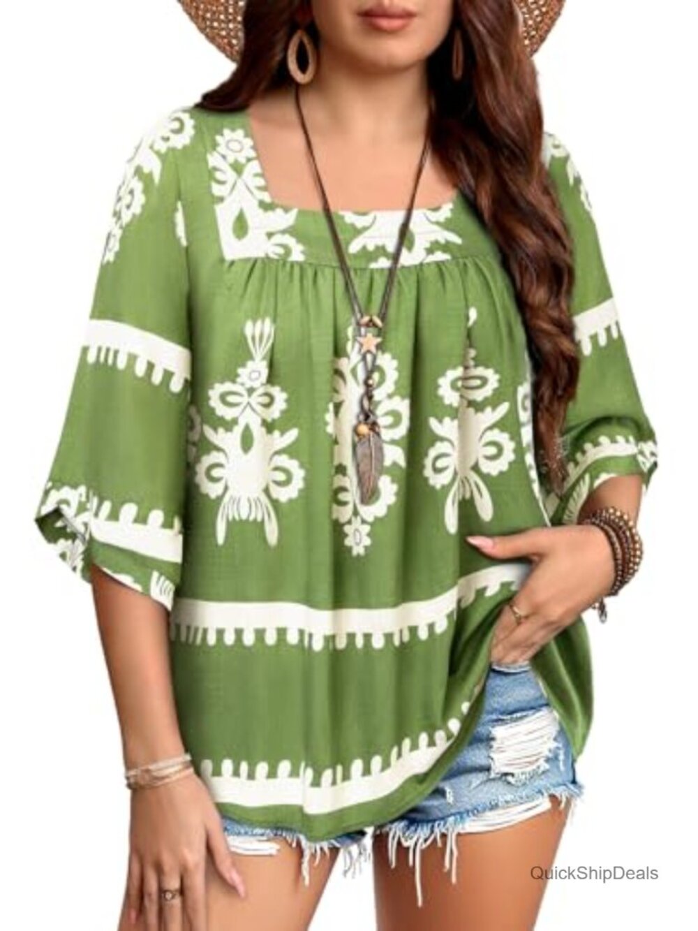 Plus Size Boho Chiffon Babydoll Blouse 3/4 Sleeve Square Neck Tunic